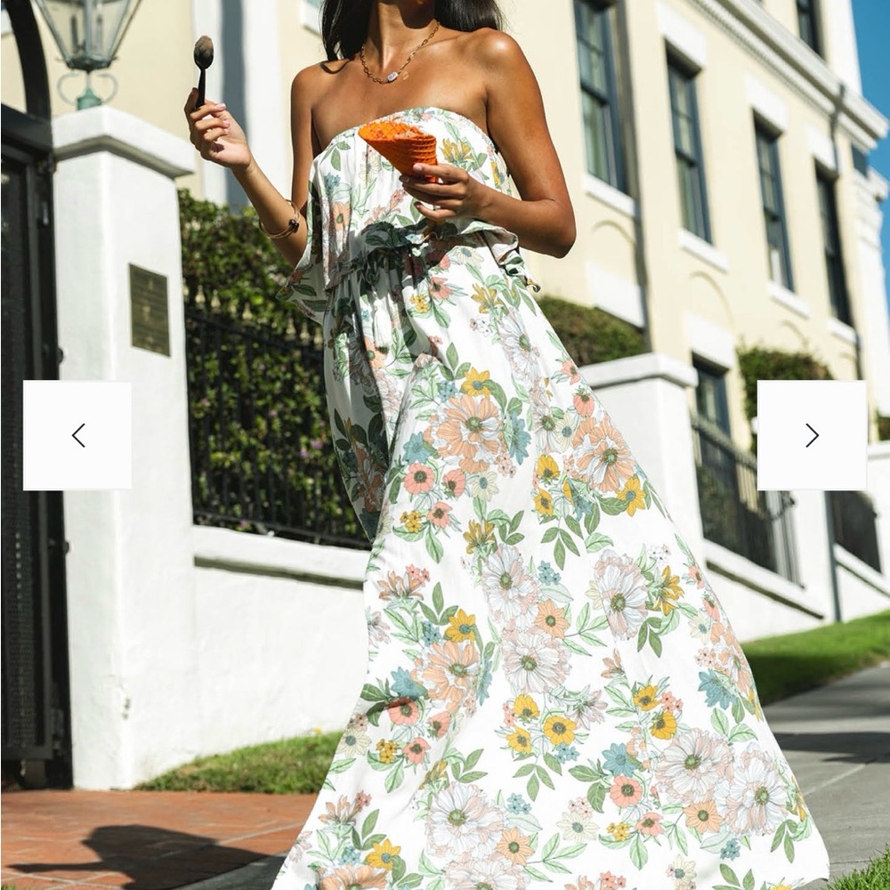 O'Neill White Strapless Floral Maxi Dress with Pink, Yellow & Green